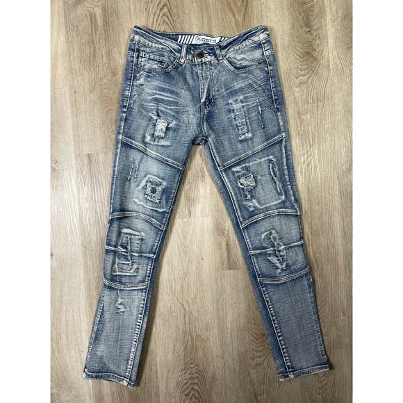 GSTR‎ Men’s Distressed Slim Fit Biker Moto Jeans Blue Stretch Denim Y2K 30 - Picture 2 of 9